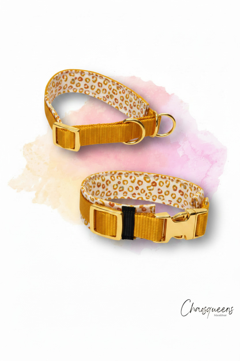 Halsband Leo Orange-Stoff mit Kurkuma-Gurtband und Gold-Hardware