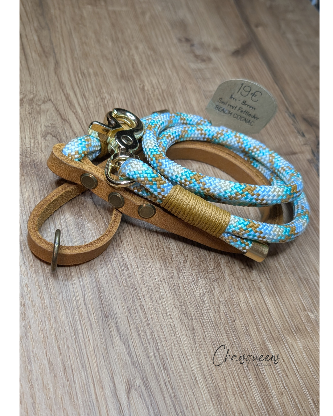 Führleine mit Lederhandschlaufe Beach Cognac