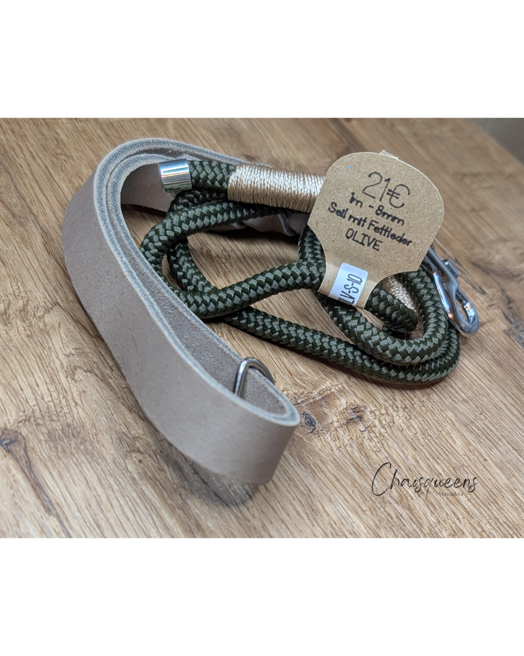 Führleine mit Ledergriff Olive 1m 8mm Silber