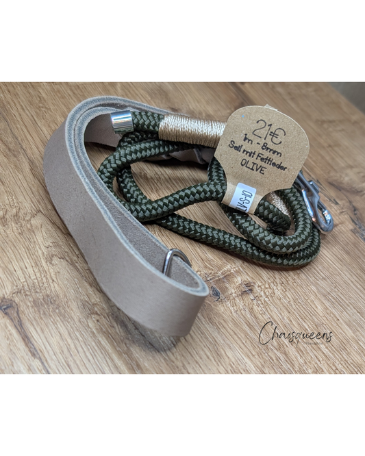 Führleine mit Ledergriff Olive 1m 8mm Silber