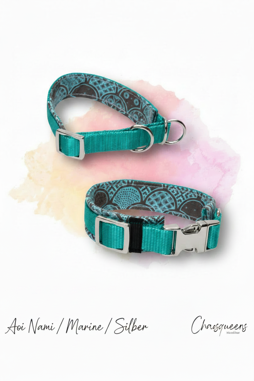 Halsband Aoi Nami-Stoff mit türkisem Gurtband und silberner Hardware