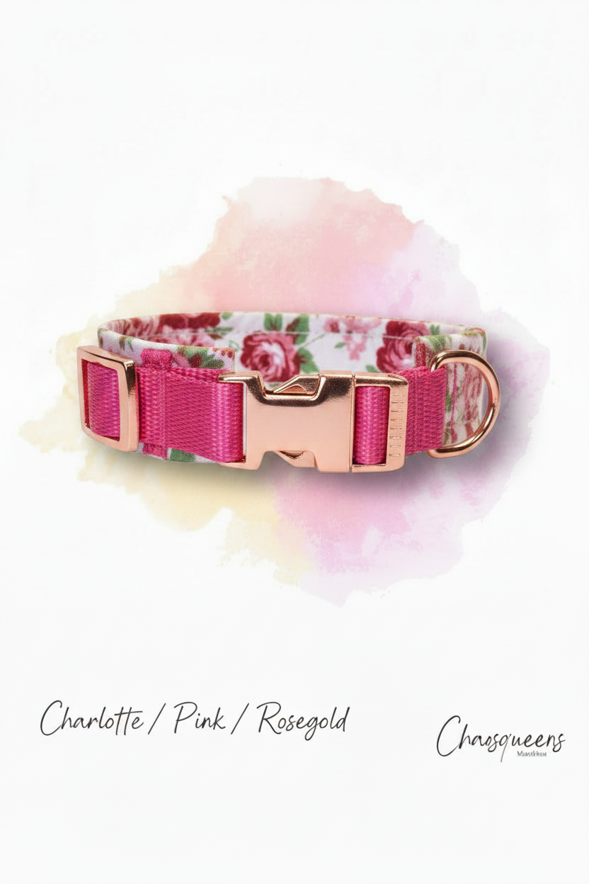 Halsband Charlotte-Stoff mit pinkem Gurtband und Rosegold Hardware