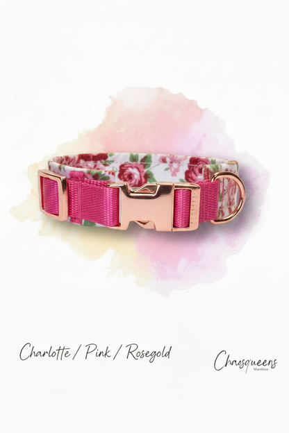 Halsband Charlotte-Stoff mit pinkem Gurtband und Rosegold Hardware