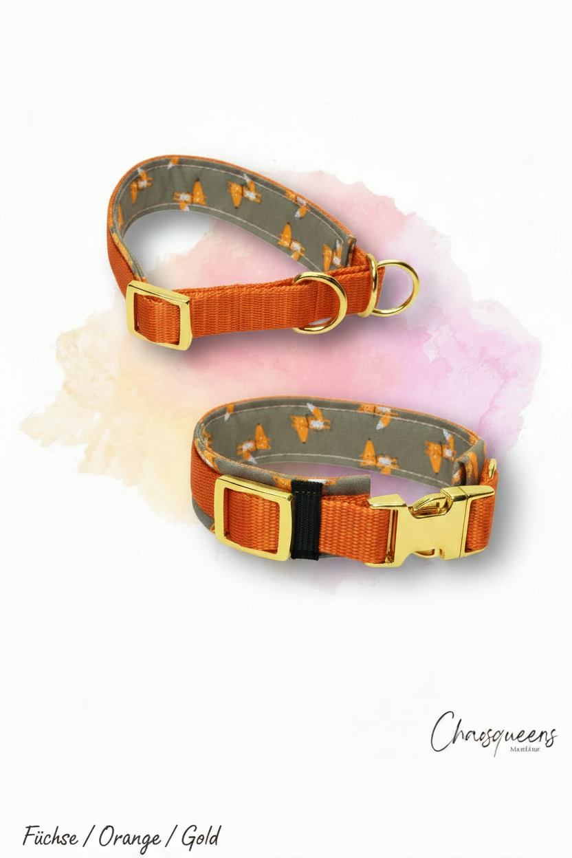 Halsband Füchse-Stoff mit orangem Gurtband und Gold Hardware