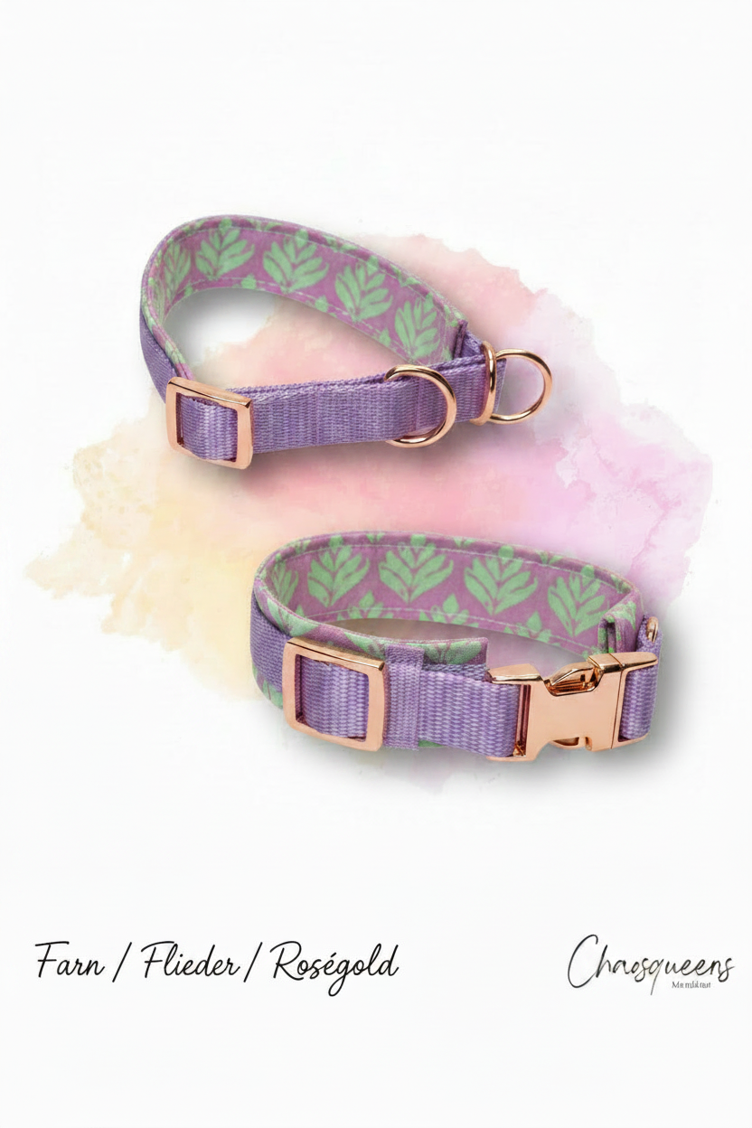 Halsband Farn-Stoff mit fliederfarbenem Gurtband und Roségold Hardware