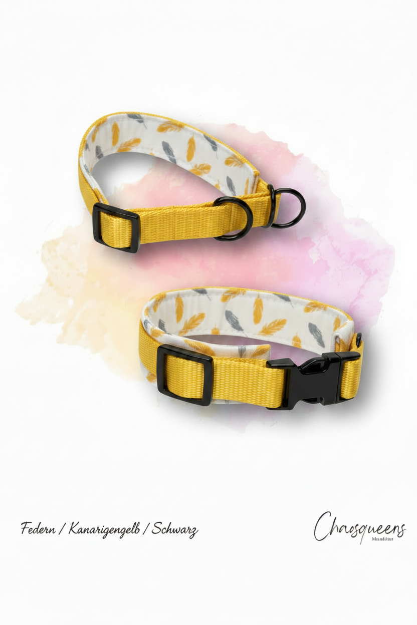 Halsband Federn-Stoff mit kanariegelbem Gurtband und schwarzer Hardware