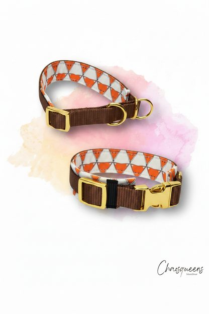 Halsband Fuchsis-Stoff mit Schokolade-Gurtband und Gold-Hardware