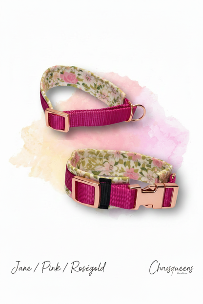 Halsband Jane-Stoff mit pinkem Gurtband und Roségold Hardware