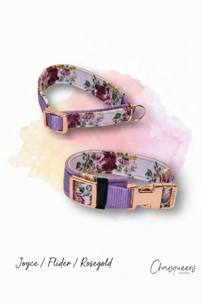 Halsband Joyce-Stoff mit fliederfarbenem Gurtband und Rosegold Hardware