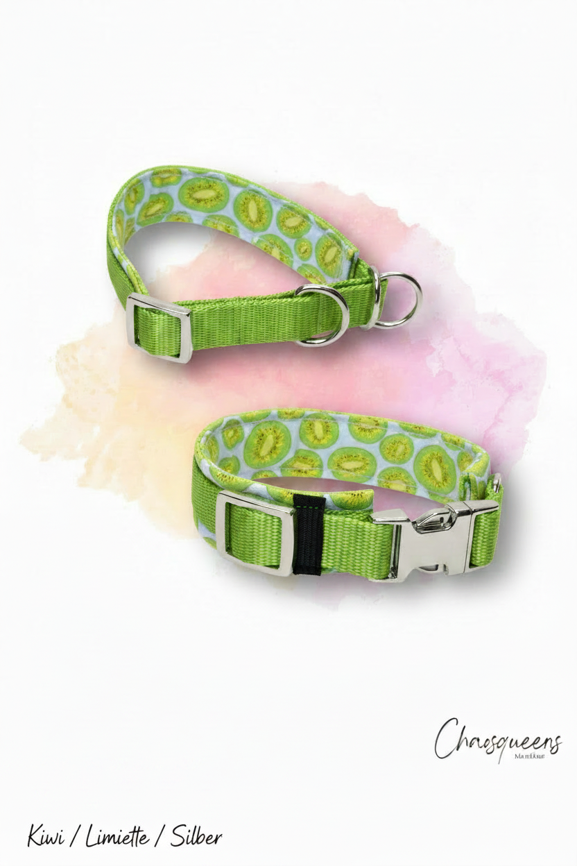 Halsband Kiwi-Stoff mit Limette Gurtband und silberner Hardware