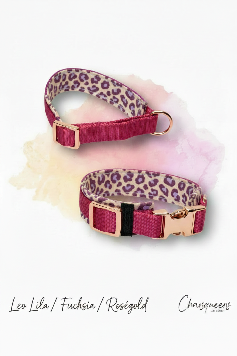 Halsband Leo Lila-Stoff mit Fuchsia Gurtband und Roségold Hardware