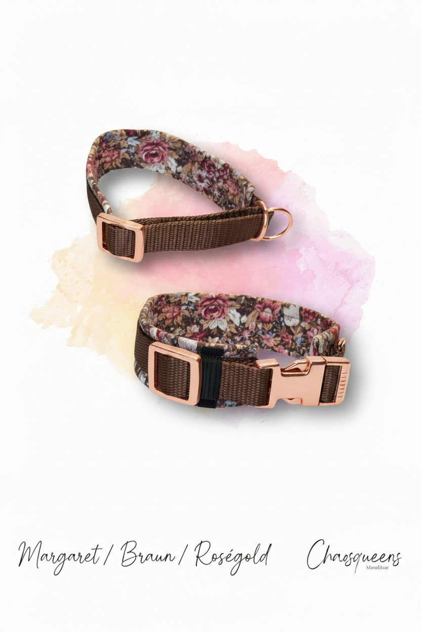 Halsband Margaret-Stoff mit Schokolade Gurtband und Roségold Hardware