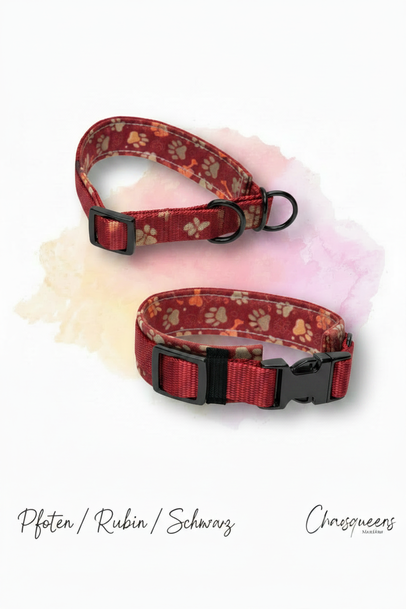 Halsband Pfoten-Stoff mit rubinfarbenem Gurtband und schwarzer Hardware