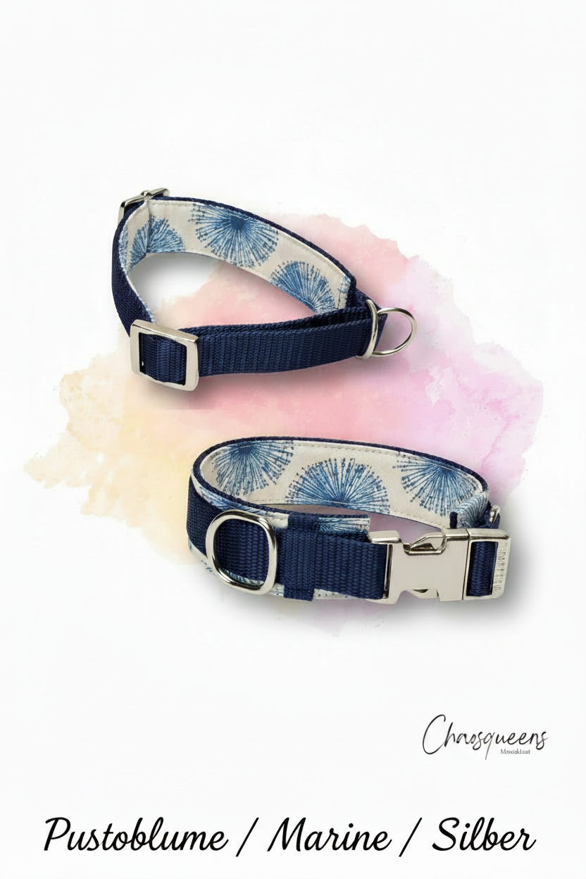 Halsband Pusteblume-Stoff mit Marine Gurtband und silberner Hardware