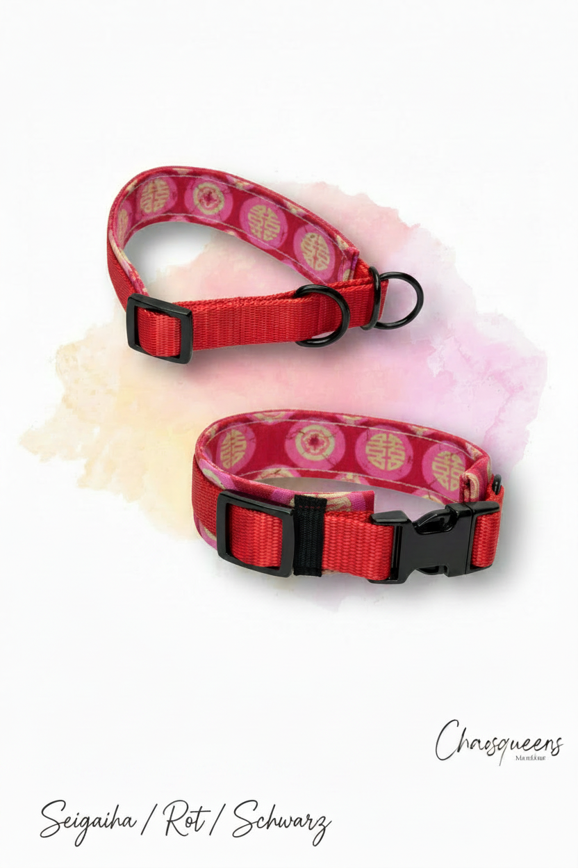 Halsband Seigaiha-Stoff mit rotem Gurtband und schwarzer Hardware
