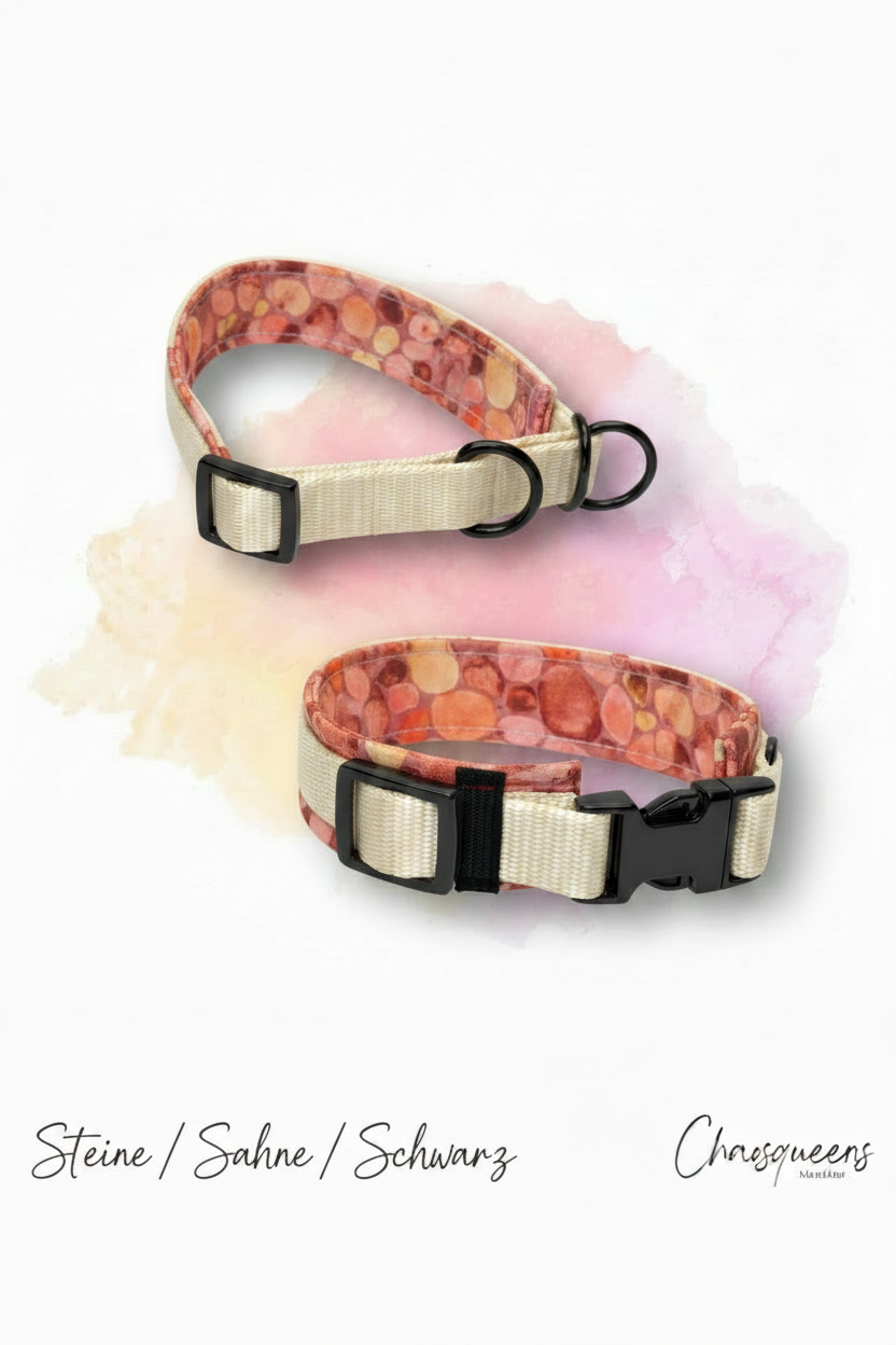 Halsband Steine-Stoff mit Sahne Gurtband und schwarzer Hardware