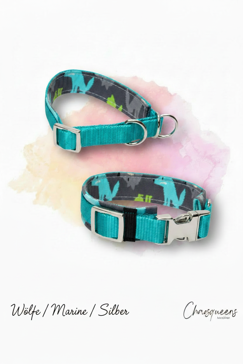 Halsband Wölfe-Stoff mit Marine Gurtband und silberner Hardware