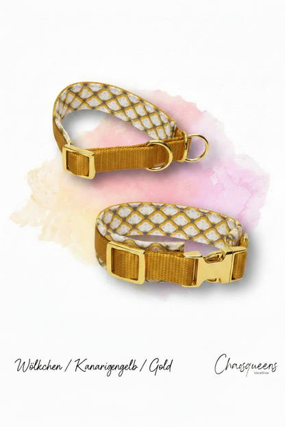 Halsband Wölkchen-Stoff mit Kanariengelb Gurtband und Gold Hardware