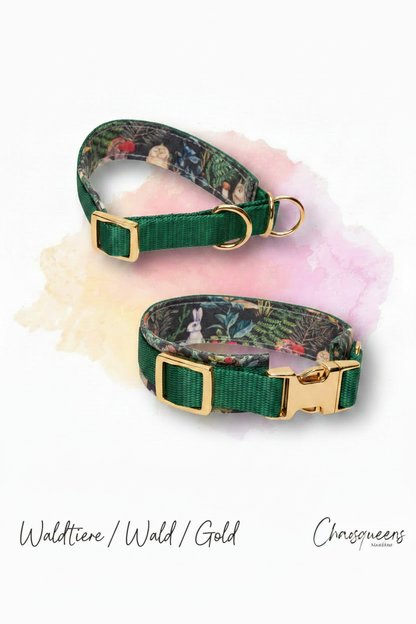 Halsband Waldtiere-Stoff mit Wald Gurtband und Gold Hardware