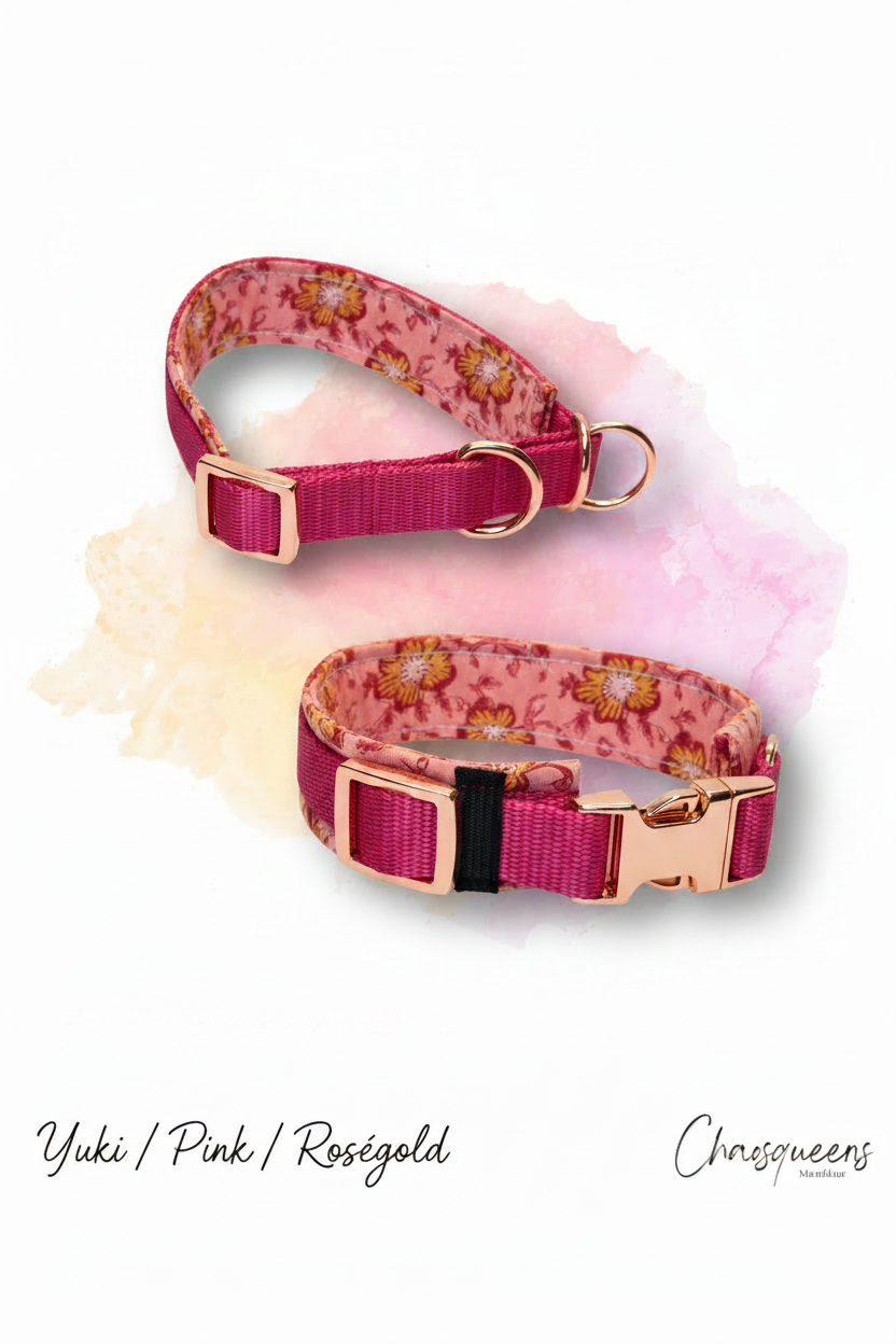 Halsband Yuki-Stoff mit pinkem Gurtband und Roségold Hardware