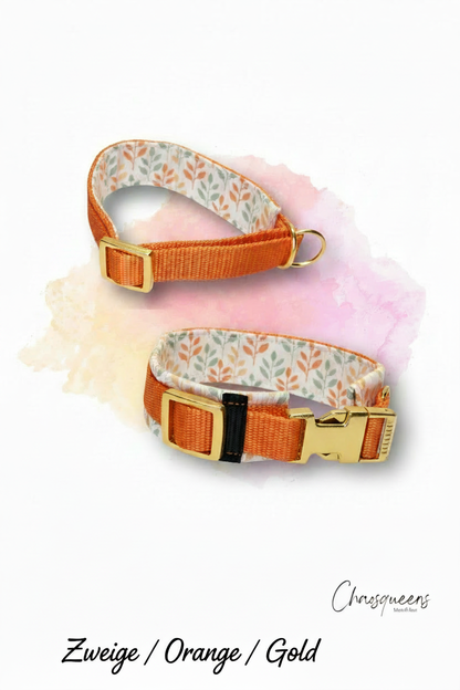 Halsband Zweige-Stoff mit orangem Gurtband und Gold Hardware